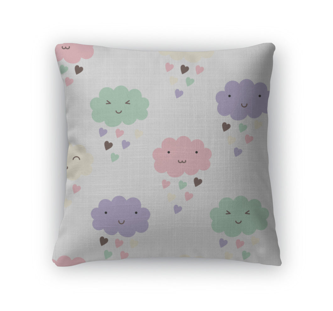 Throw Pillow, Pattern With Hearts Rain And Cute Smiling Clouds
