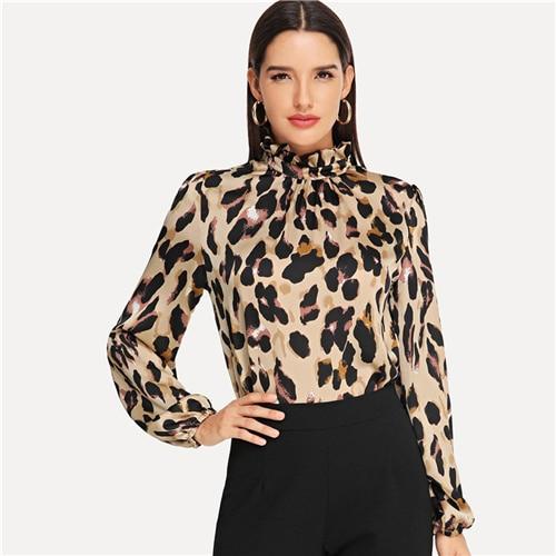 Mock Neck Leopard Print Frill Top