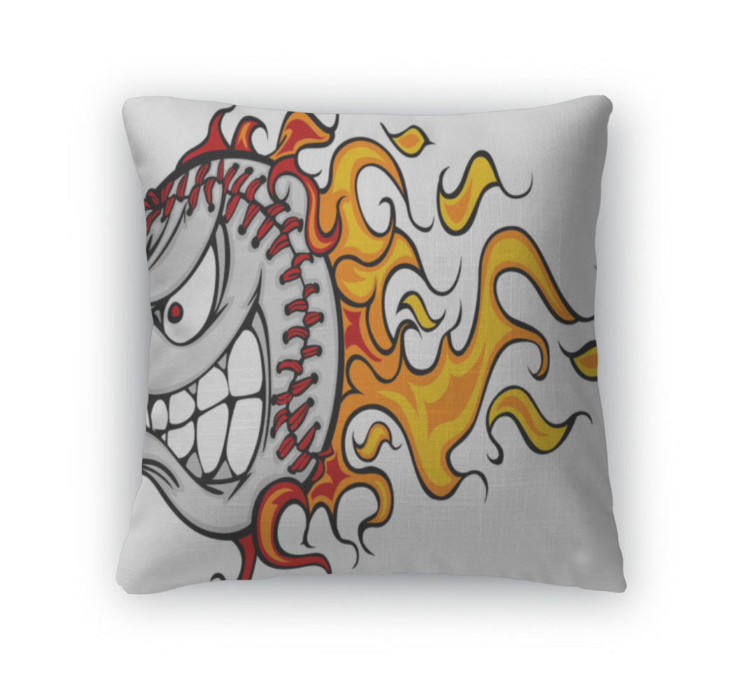 Throw Pillow, Flaming Baseball Or Softball Face Cartoon