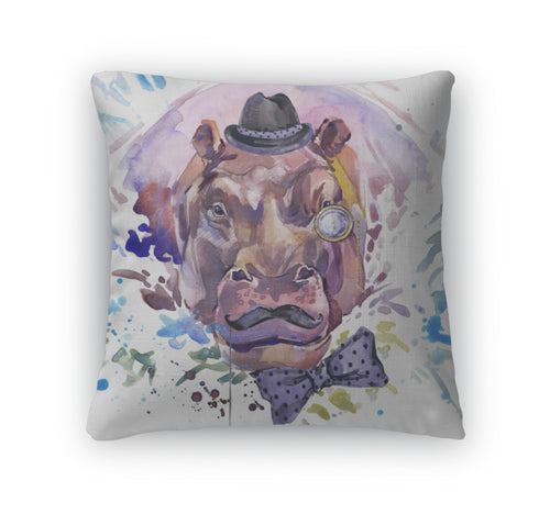 Throw Pillow, Hippopotamus Tshirt Graphics Hippopotamus Illustration With Splash Watercolor D