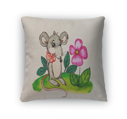 Throw Pillow, Rat With A Flower Watercolor Painting
