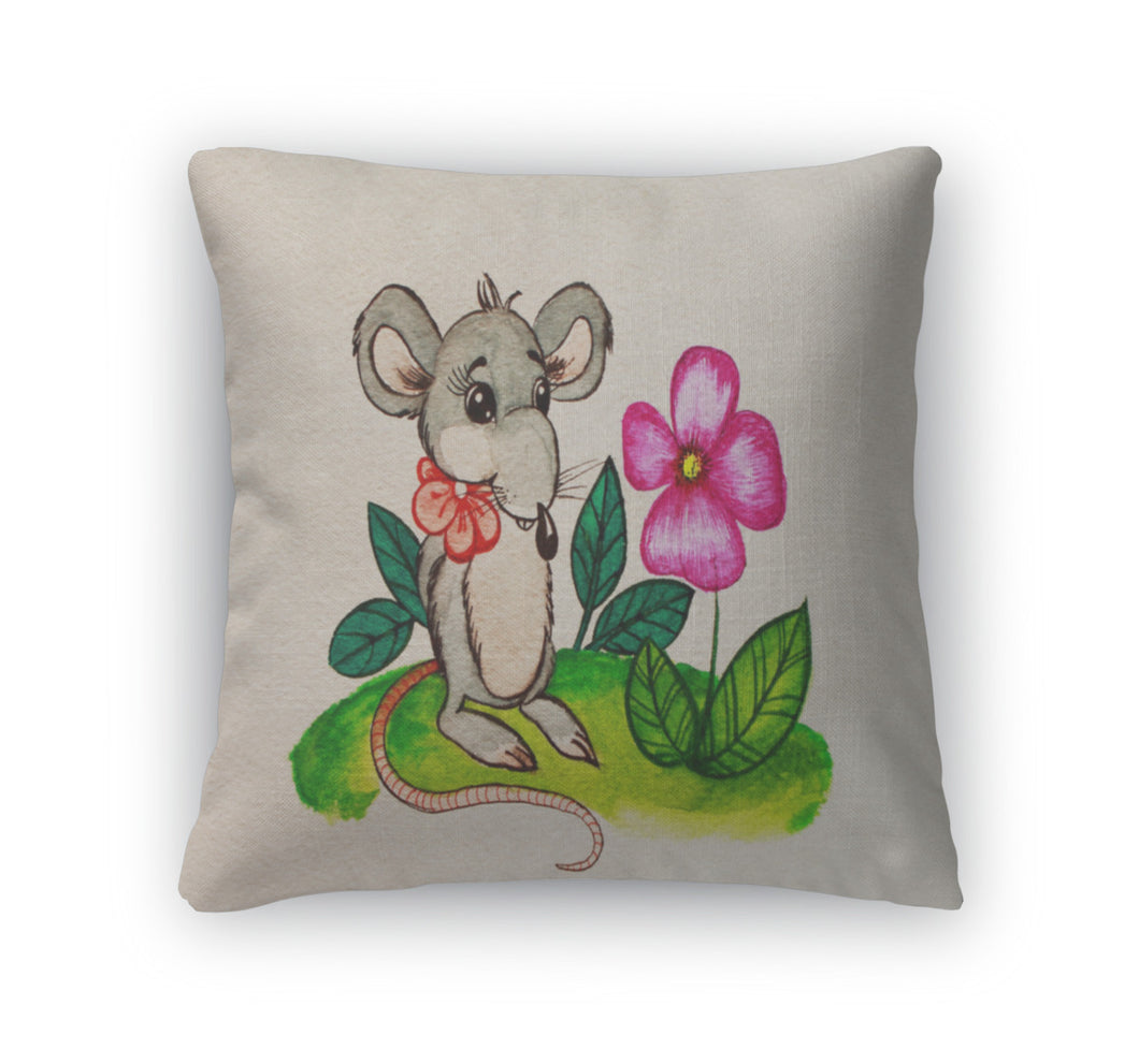 Throw Pillow, Rat With A Flower Watercolor Painting
