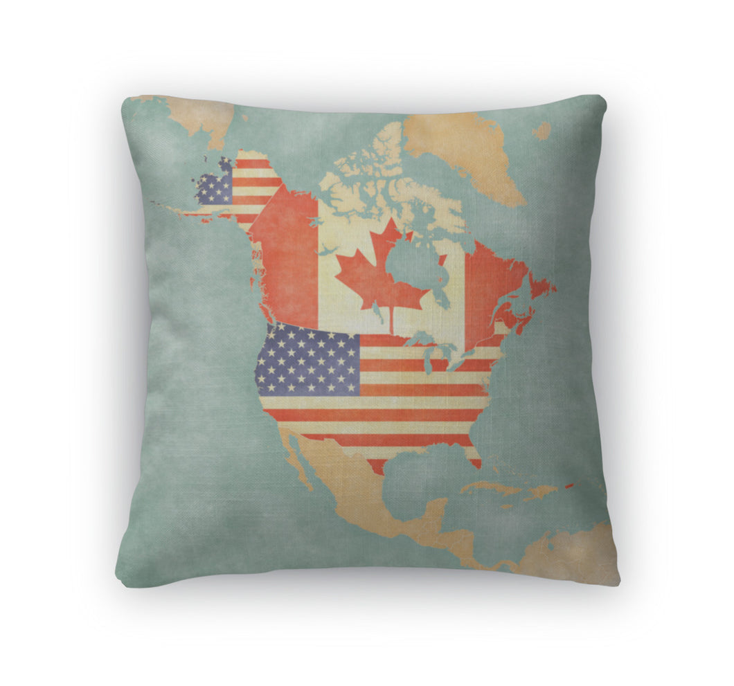 Throw Pillow, Map Of North America Usa And Canada Vintage Series