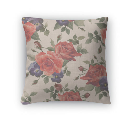 Throw Pillow, Watercolor Pattern Roses And Pansy Flowers