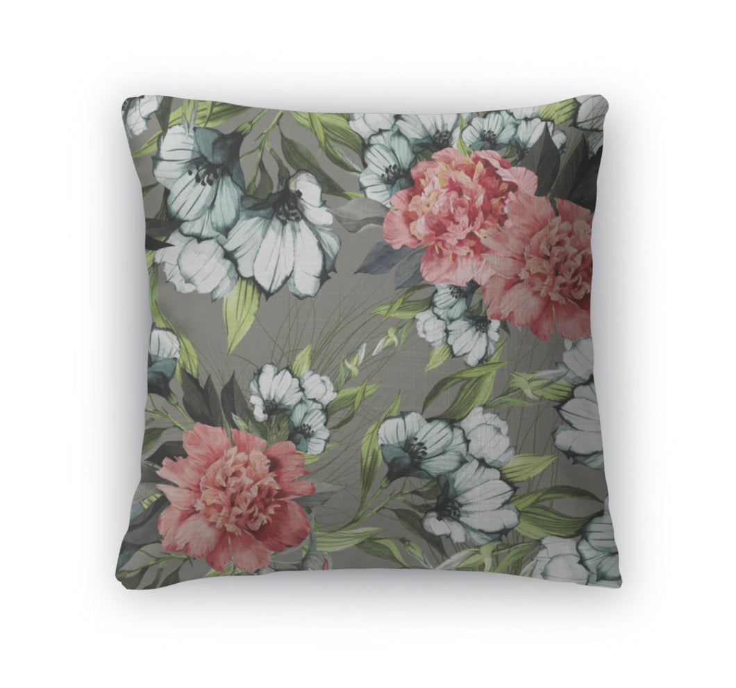 Throw Pillow, Floral Pattern With Roses And Eustoma