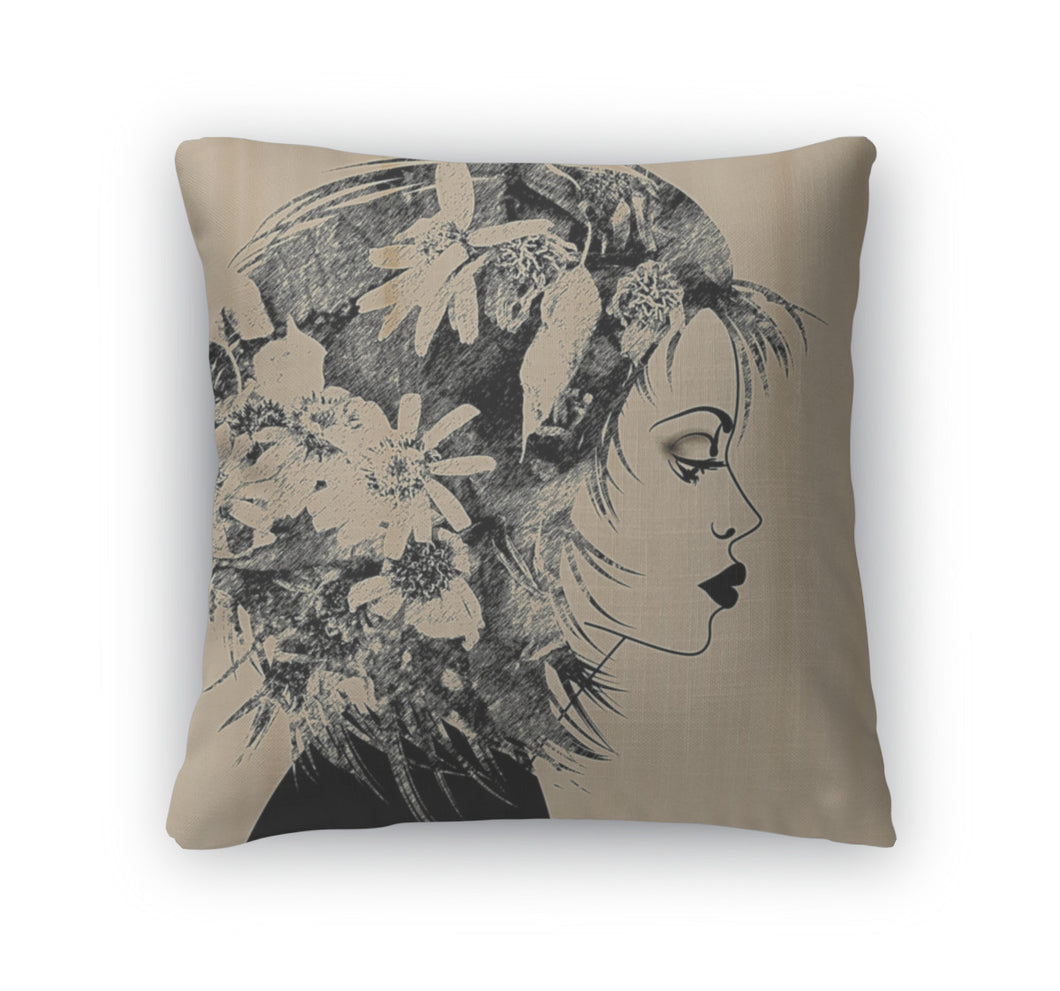 Throw Pillow, Art Sketched Beautiful Girl Face In Profile