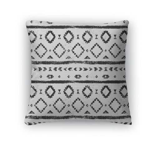 Throw Pillow, Black And White Aged Geometric Aztec Grunge Pattern