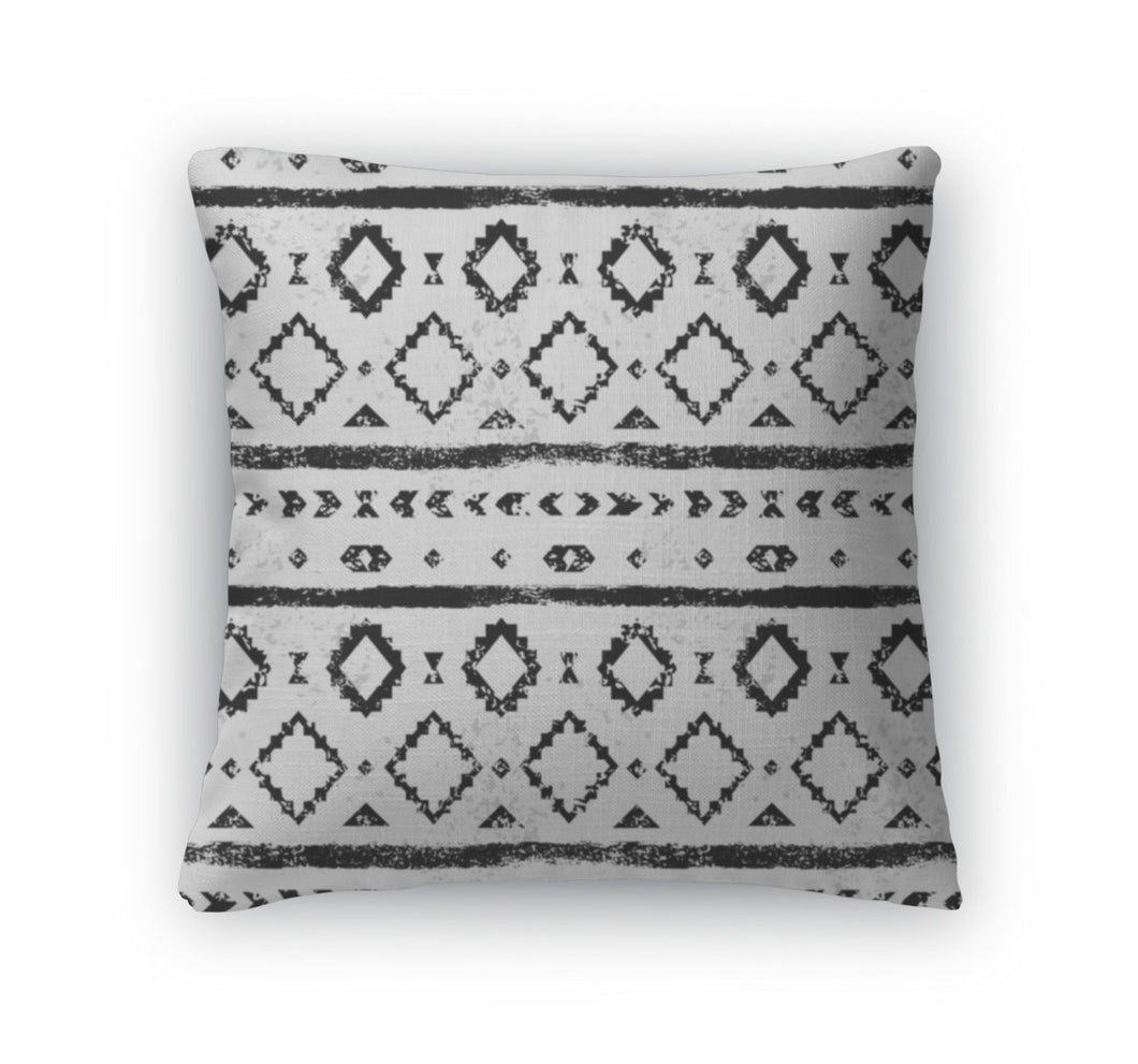 Throw Pillow, Black And White Aged Geometric Aztec Grunge Pattern
