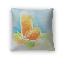 Load image into Gallery viewer, Throw Pillow, Orange Juice With Slices Of Orange And Leaves Watercolor Painting Healthy Food