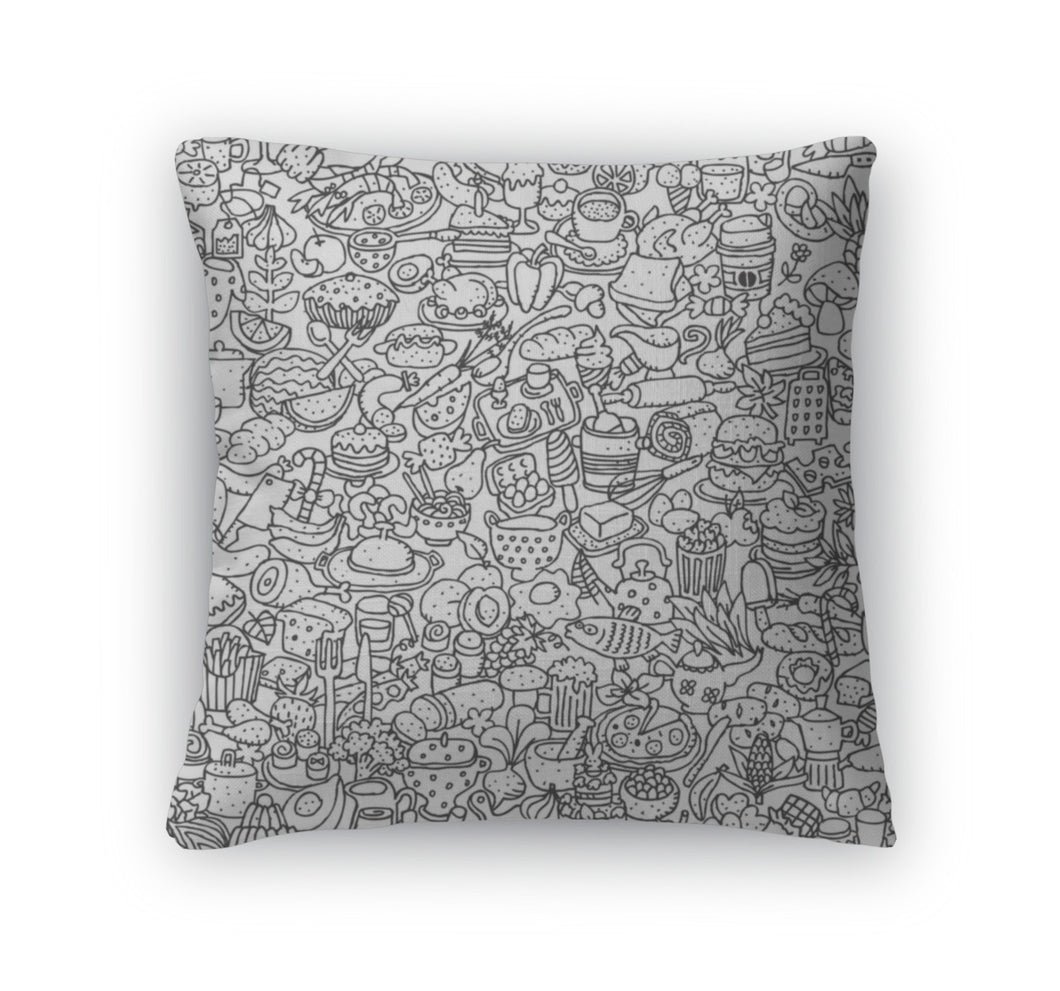 Throw Pillow, Food Pattern In Black And White