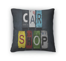Load image into Gallery viewer, Throw Pillow, Car Shop Word On Vintage License Plates Concept Sign