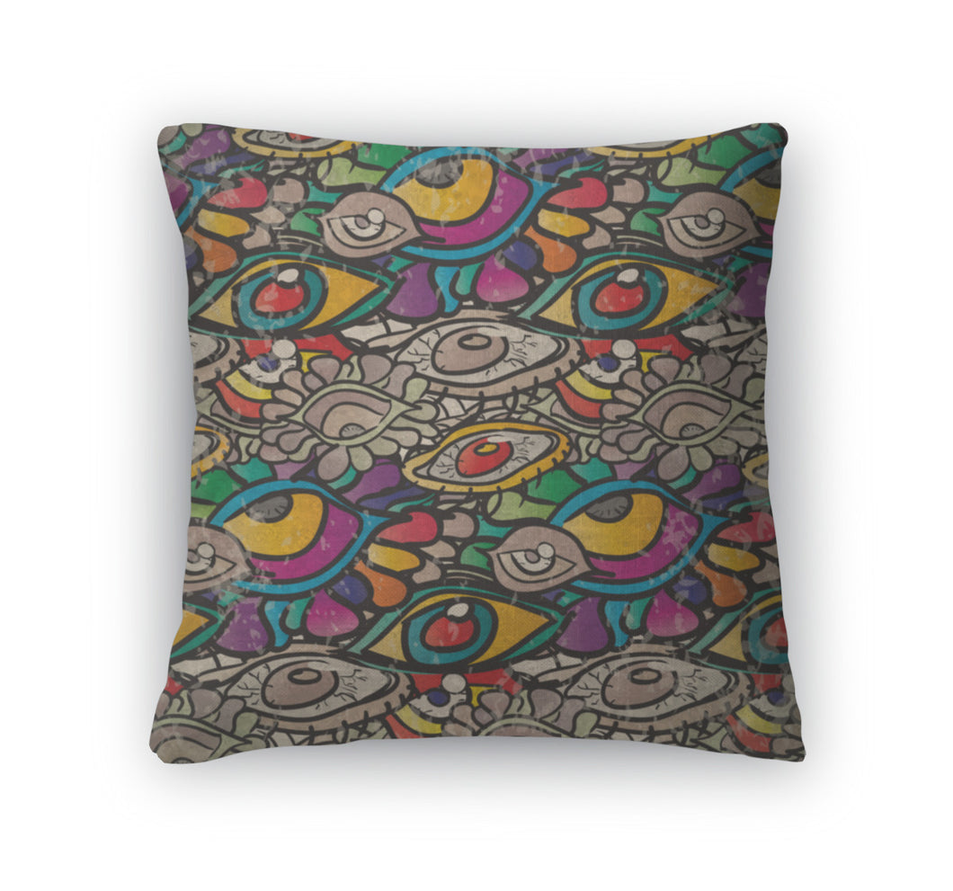Throw Pillow, Pattern Of Psychedelic Eyes In Vintage Style