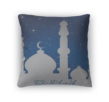 Load image into Gallery viewer, Throw Pillow, White Gold Silver Mosque And Stars Eid Mubarak Blessed Eid Card In Format