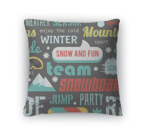 Throw Pillow, Pattern With Snowboarding Stuff And Words Flat Design