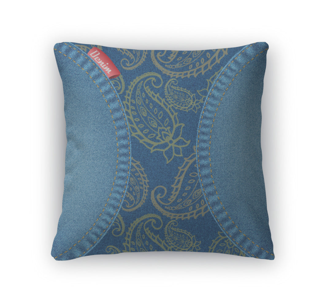 Throw Pillow, A Blue Denim And Paisley