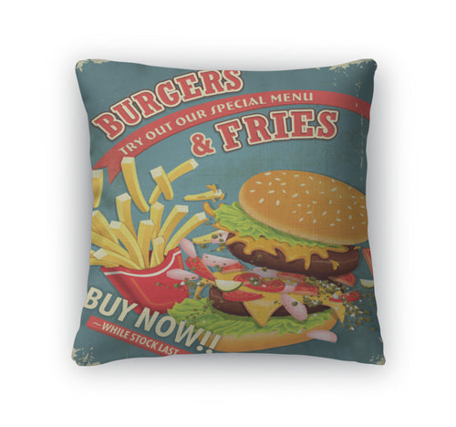 Throw Pillow, Vintage Burgers With Fries Set Poster Design