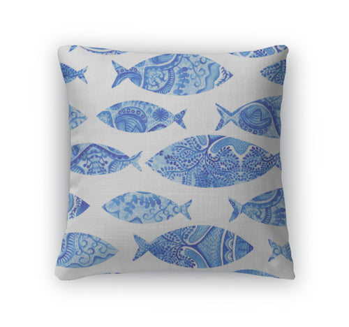 Throw Pillow, Pattern With Fishes Watercolor Hand Painted Watercolor Fish With Stylized Blue
