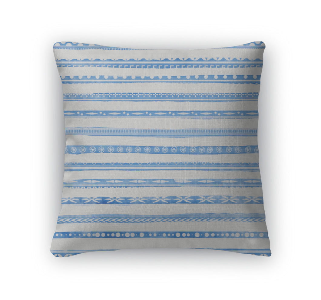 Throw Pillow, Striped Light Blue Watercolor With Ethnic Ornaments