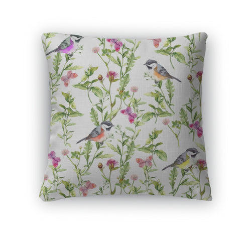 Throw Pillow, Pattern With Summer Herbs And Birds Watercolor