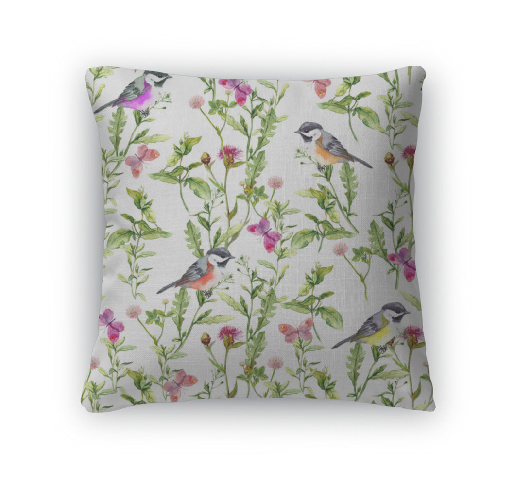 Throw Pillow, Pattern With Summer Herbs And Birds Watercolor