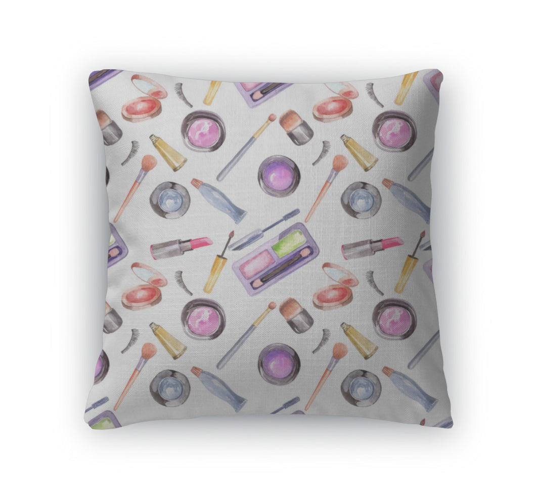 Throw Pillow, Watercolor Cosmetics Pattern