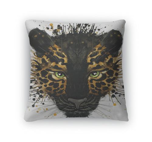 Throw Pillow, Jaguar Illustration With Splash Watercolor D