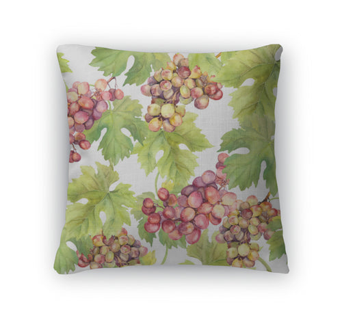 Throw Pillow, Pattern With Grape Vine And Leaves On White Watercolor Art