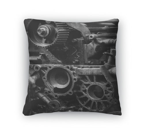 Throw Pillow, Old Car Engine Black And White Photo