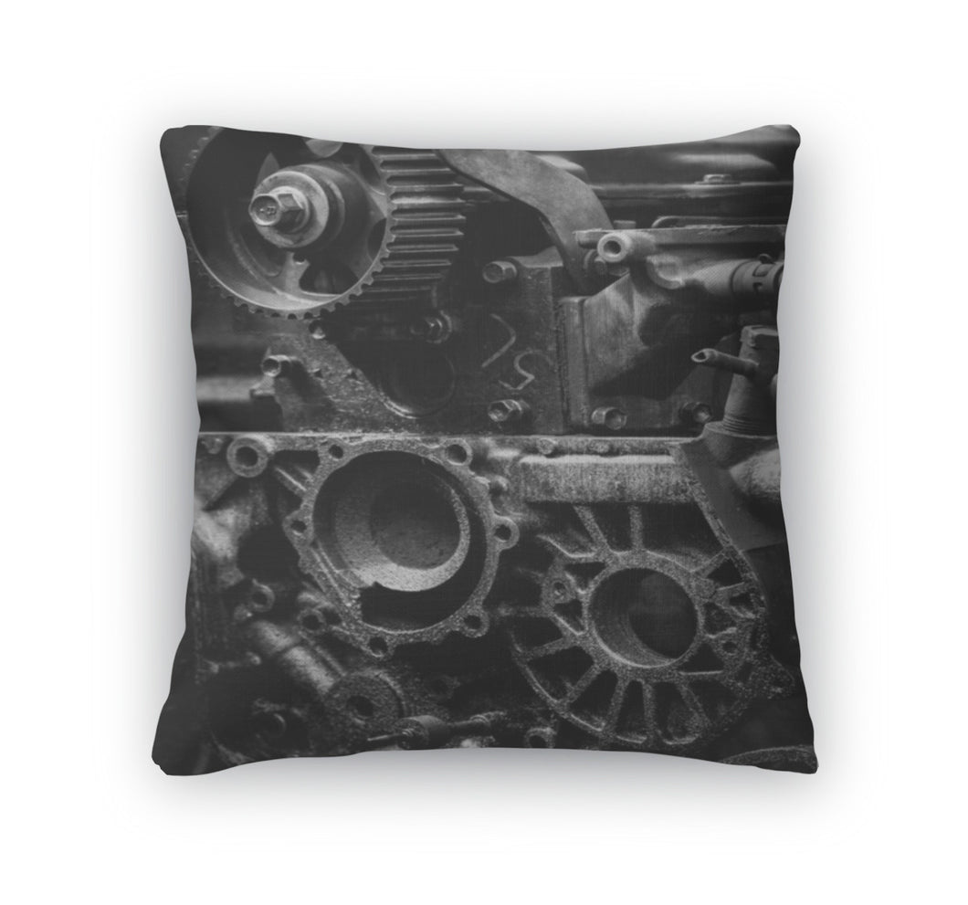 Throw Pillow, Old Car Engine Black And White Photo