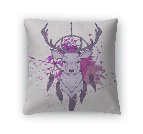 Throw Pillow, Illustration With Deer Dream Catcher And Watercolor Splash