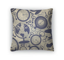 Load image into Gallery viewer, Throw Pillow, Retro With Globes Keys And Watches