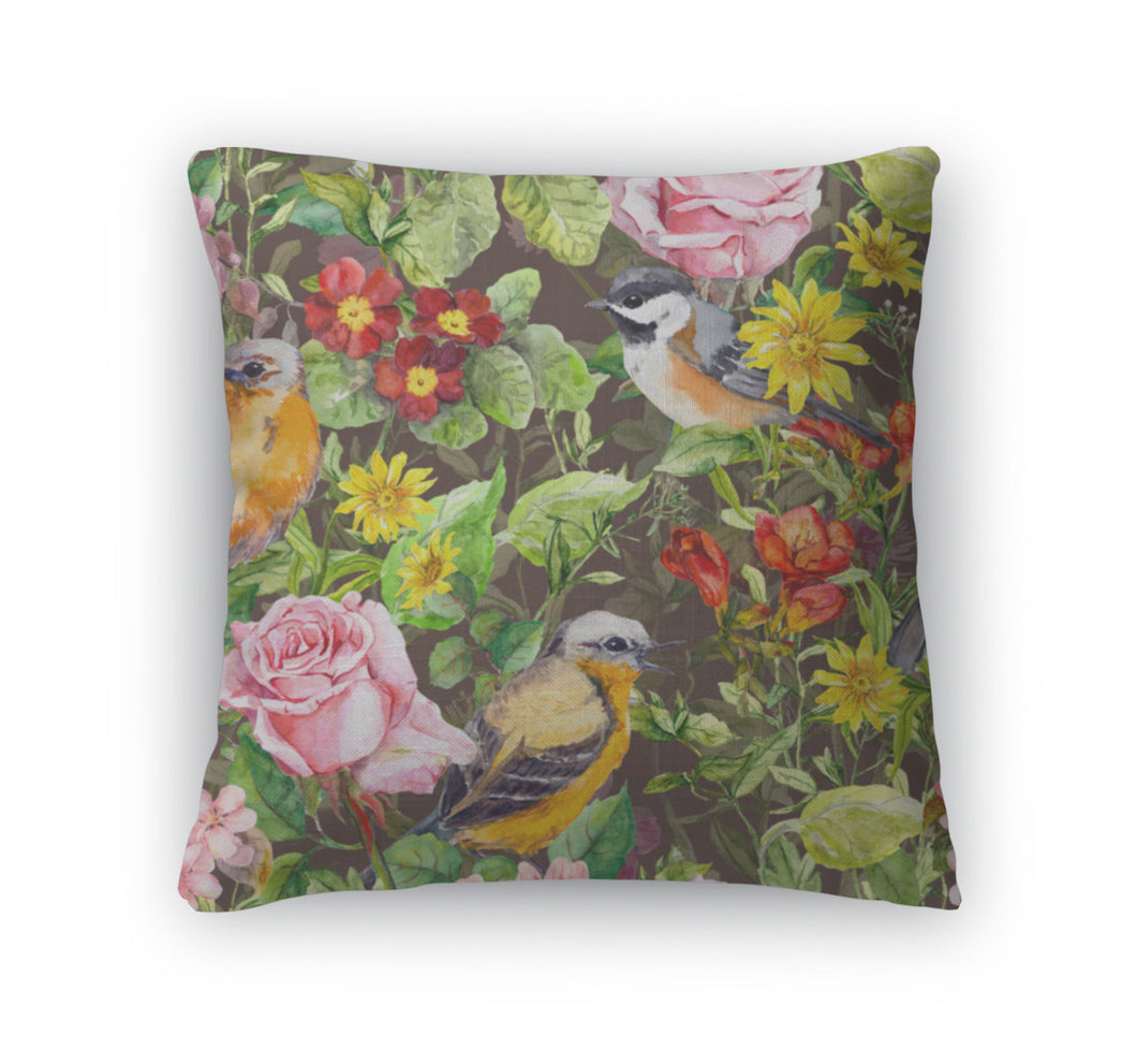 Throw Pillow, Flowers Meadow Grass Birds Floral Pattern Watercolor