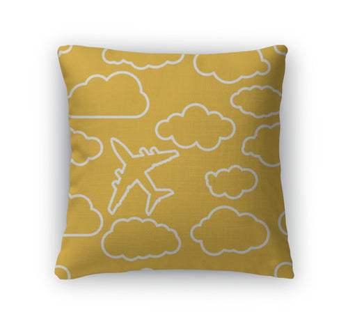 Throw Pillow, Airplane With Clouds On Ayellow