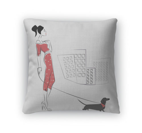 Throw Pillow, Girl Walking Her Dachshund