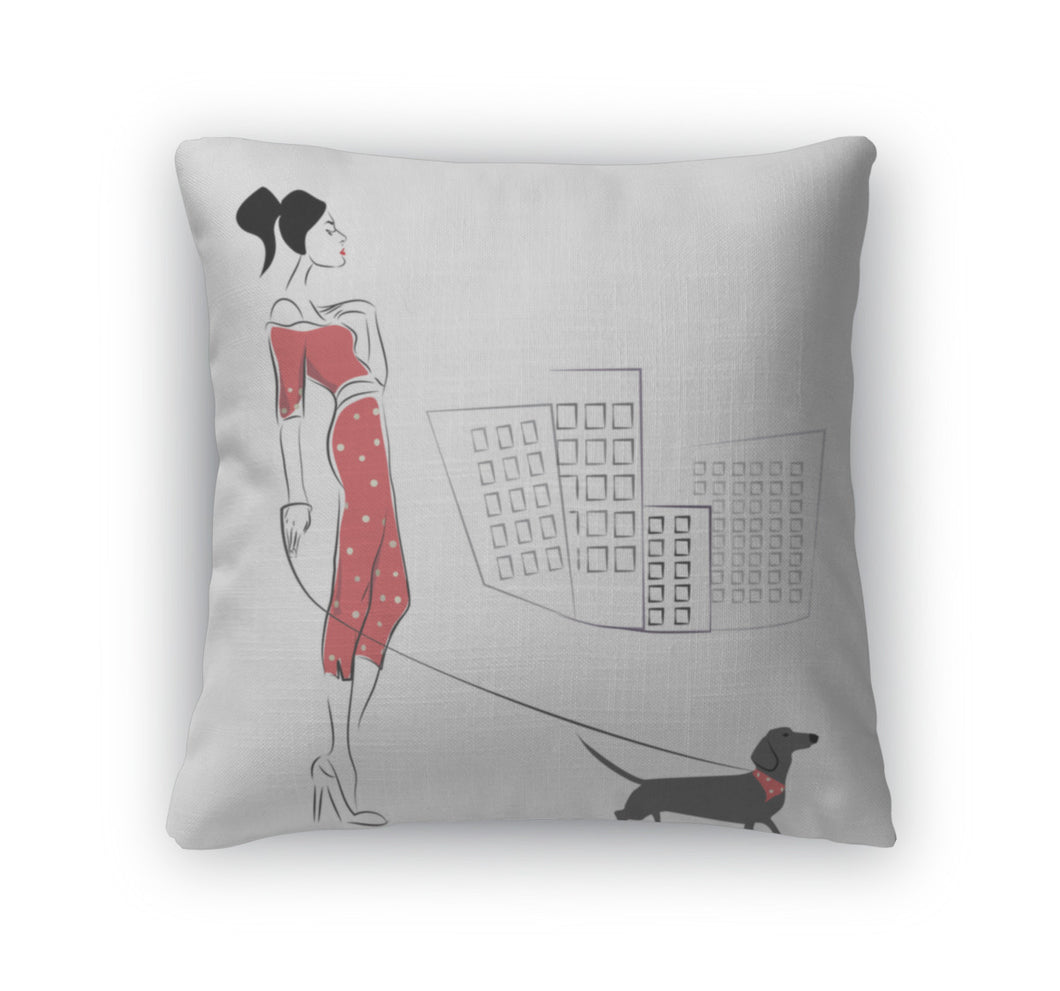 Throw Pillow, Girl Walking Her Dachshund
