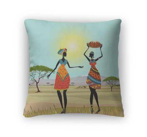 Throw Pillow, African Women In Mountain Landscape