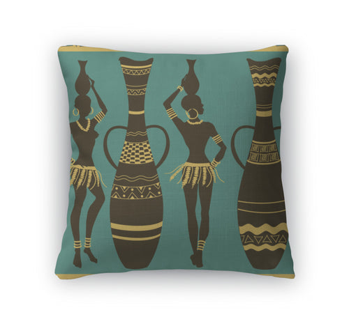 Throw Pillow, African Pattern Of Girls And Vases