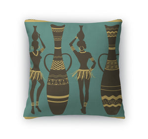Throw Pillow, African Pattern Of Girls And Vases