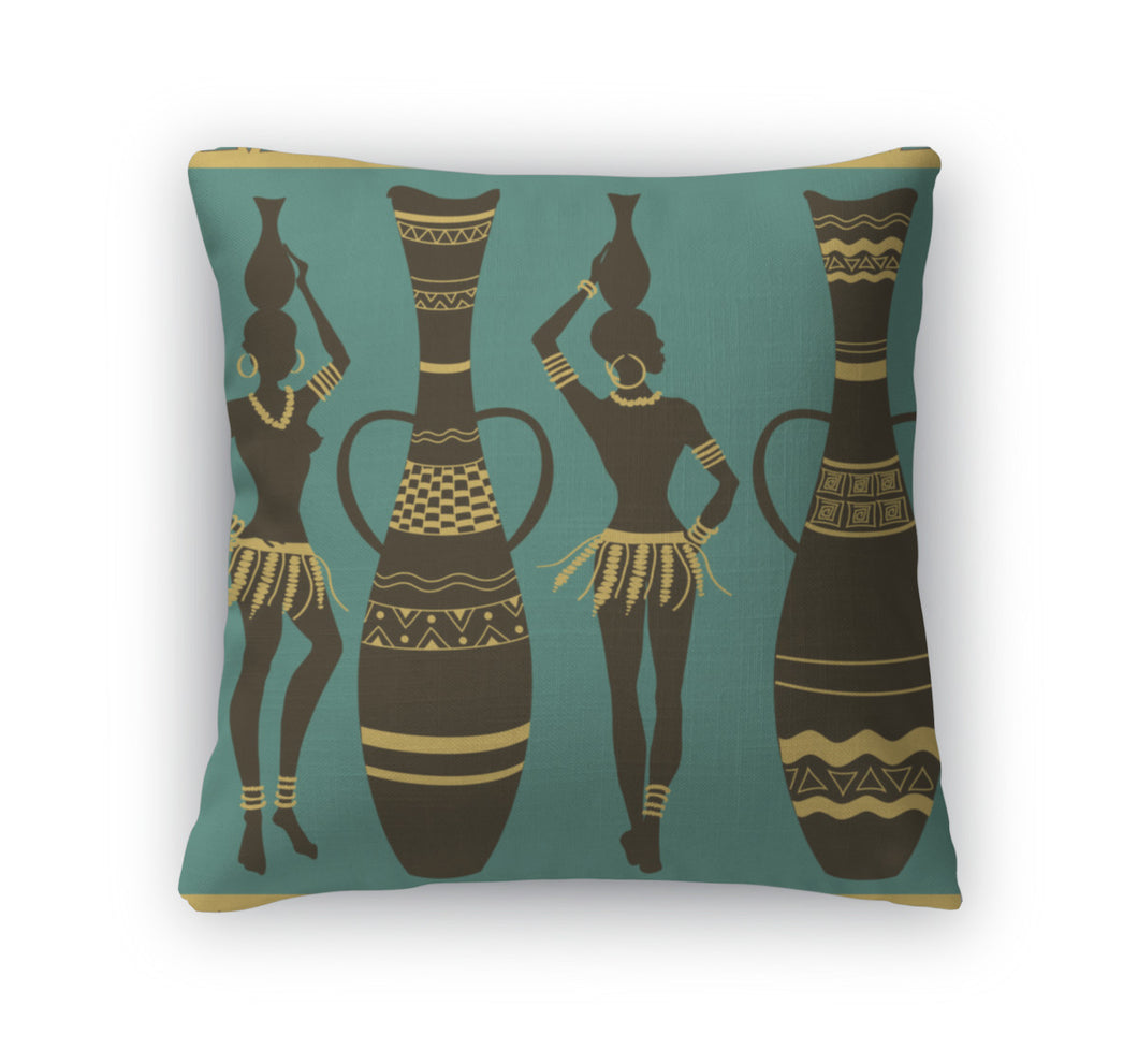 Throw Pillow, African Pattern Of Girls And Vases