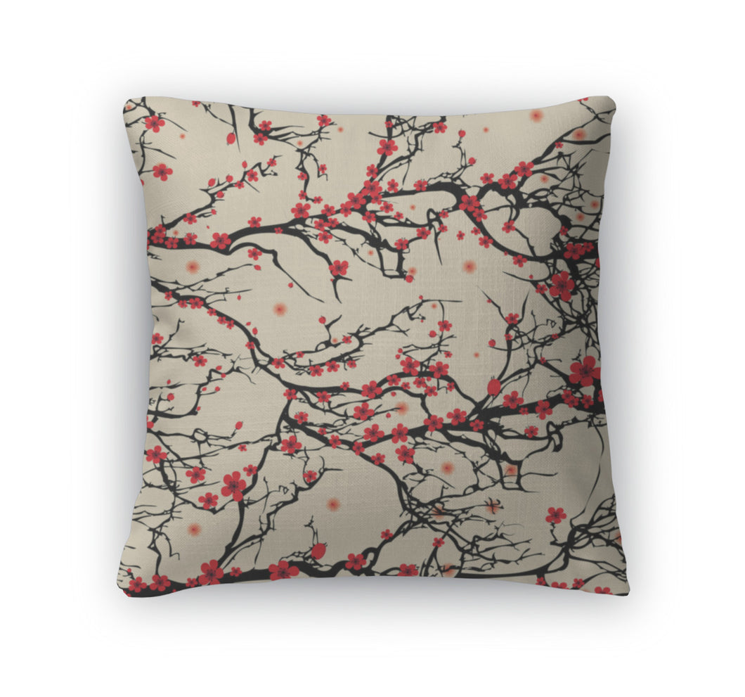 Throw Pillow, Flower Pattern Tree Japanese Cherry Blossom Realistic Sakura Nature