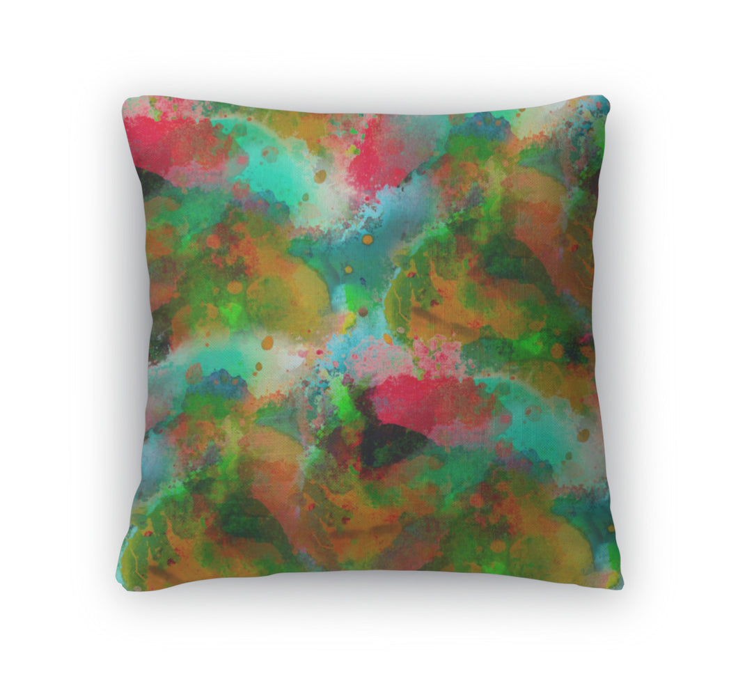 Throw Pillow, Green Red Yellow Art Macro Watercolor Painting Colorful