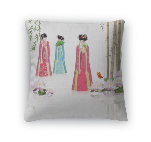 Throw Pillow, Chinese Girls At The Pond
