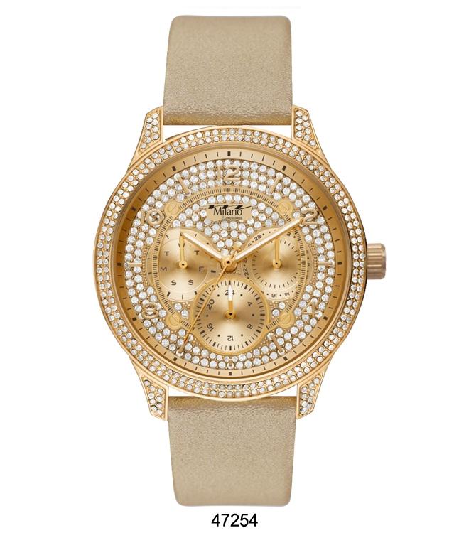 M Milano Expressions Creme Vegan Leather Band Watch with Gold Case and Gold Dial with Stones