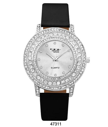 M Milano Expressions Vegan Leather Band Watch with Silver Stone Case and Silver Dial