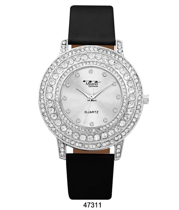 M Milano Expressions Vegan Leather Band Watch with Silver Stone Case and Silver Dial