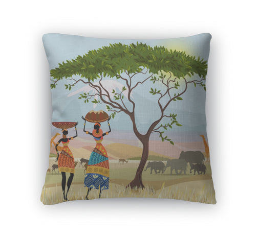 Throw Pillow, African Women In Mountain Landscape