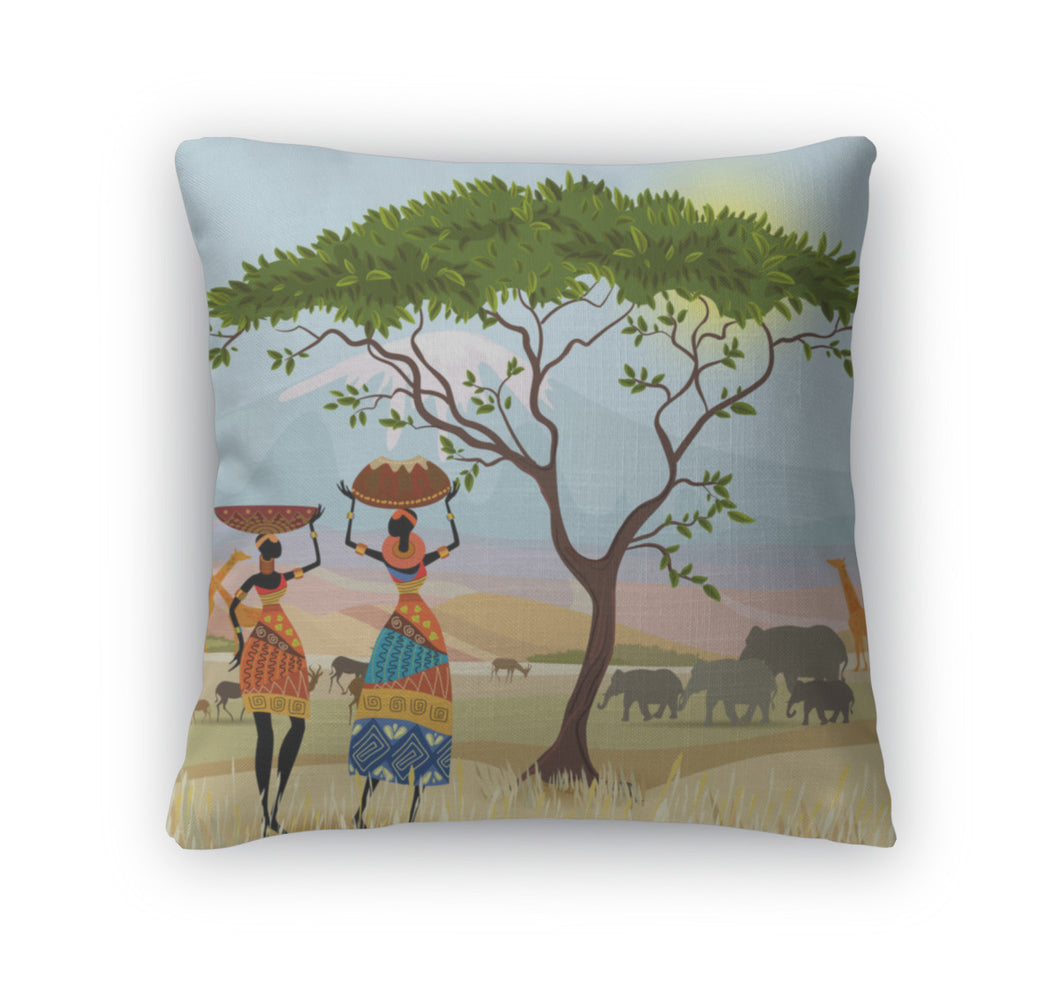 Throw Pillow, African Women In Mountain Landscape