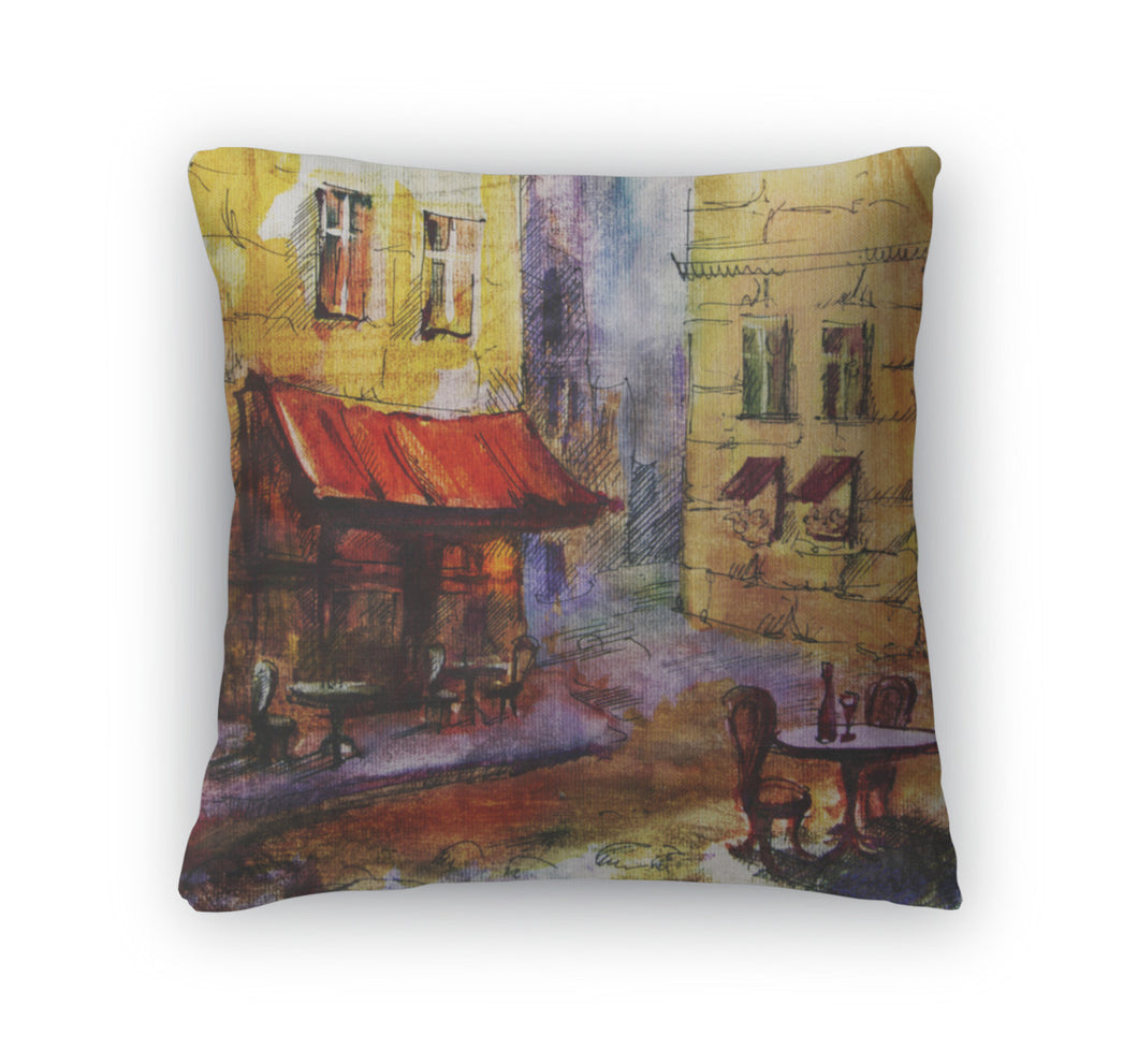 Throw Pillow, European Cafe Graphic Drawing In Color