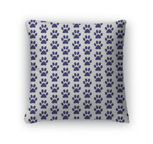 Load image into Gallery viewer, Throw Pillow, Navy Blue And White Dog Paw Prints Tile Pattern Repeat