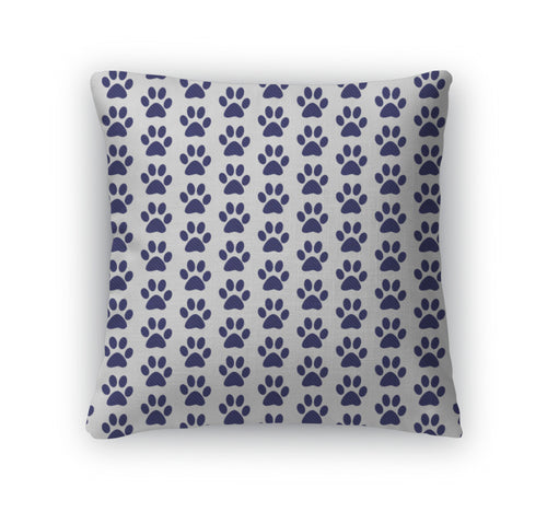 Throw Pillow, Navy Blue And White Dog Paw Prints Tile Pattern Repeat